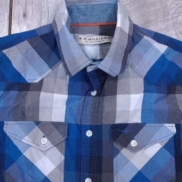 RM Williams Mens Western Button Up Shirt Size Small Blue Plaid Cotton Top - Picture 4 of 6